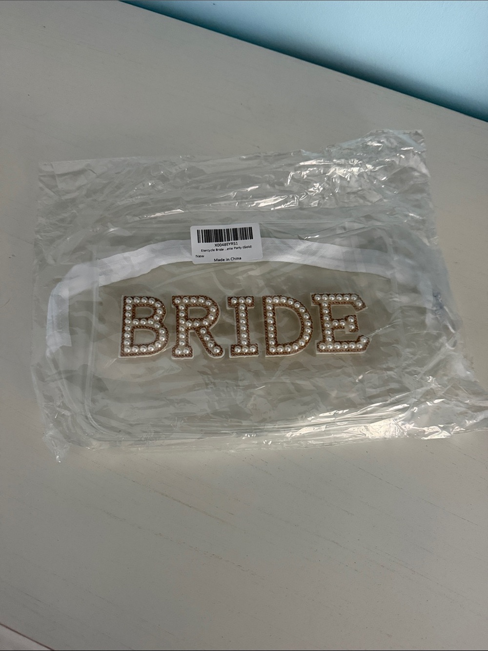 NEW Bride clear bag with Pearl-Embellished Gold Lettering